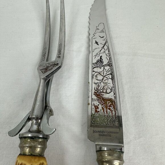 Solingen Germany Stainless Stag Antler Handle Etched Carving Knife Serving Fork - Picture 5 of 12